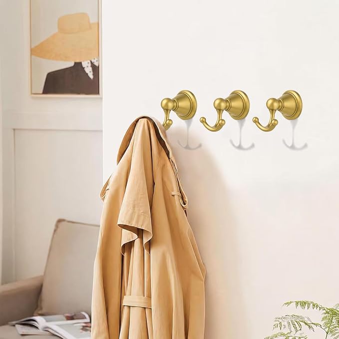 khtumeware 4 Pack Brushed Gold Robe Hooks Wall-Mounted Heavy-Duty Towel Hooks, Zinc Alloy Bathroom Coat Hooks and Suitable for Hanging Towels, Bathrobes, Clothes, Hats and Bags. - Image 3