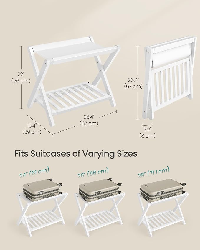 SONGMICS Bamboo Luggage Rack, Foldable Suitcase Stand, Luggage Holder with Storage Shelf, Synthetic Leather, Fully Assembled, Wipe-Clean, for Guest Room, Hotel, Bedroom, Cloud White URLR030WZ01 - Image 2