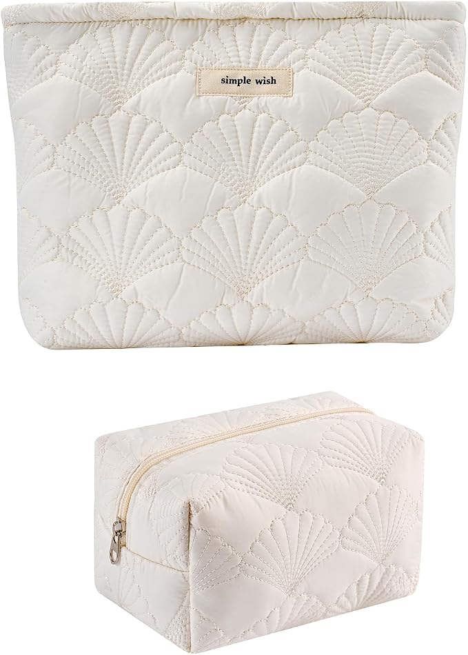 RSRSLEII 2Pcs Quilted Cotton Coquette Makeup bag, Coastal Granddaughter Aesthetic Cosmetic Bag, Cute Seashell Portable Travel Toiletry Pouch (2Pcs White) by RSRSLEII