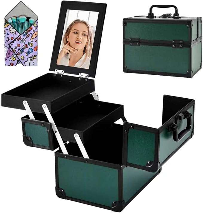 Makeup Train Case, Portable Makeup Case with Mirror, 2-Trays Cosmetic Organizer Case,Nail Polish Organizer, Travel Makeup Box, Profesional for Salon Barber, Green by Unknown
