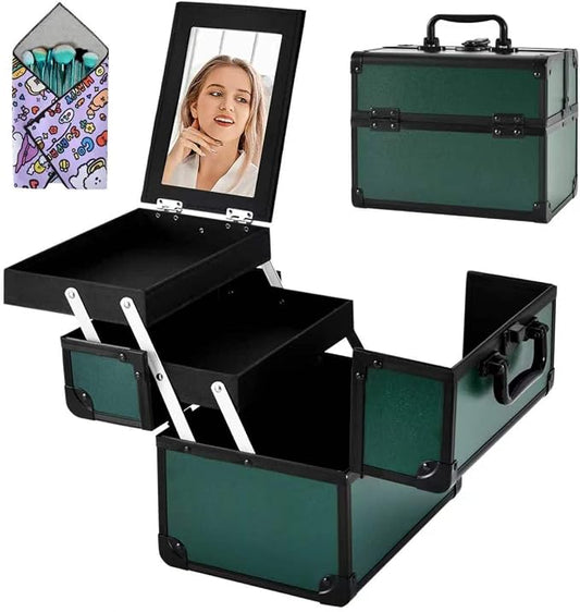 Makeup Train Case, Portable Makeup Case with Mirror, 2-Trays Cosmetic Organizer Case,Nail Polish Organizer, Travel Makeup Box, Profesional for Salon Barber, Green by Unknown