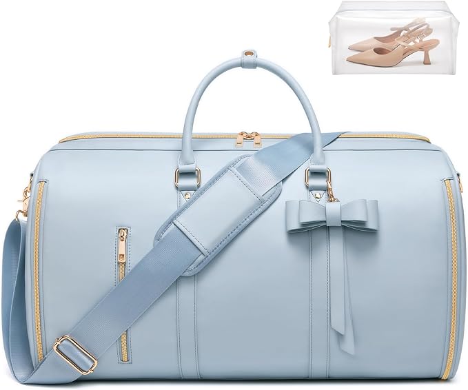 Travel Duffel Bag, Convertible Travel Garment Bag for Women, Fashion & Cute Carry On Duffle Bag w/Shoes Pouch, 2 in 1 Foldable PU Leather Hanging Duffle Bag, Single-Zipper Design, Blue by STHMEOOHT