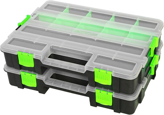 Jack Boss Tool Box with Transparent Lid, Single Side 17-Compartments Organizer Box with Removable Dividers for Hardware, Screws, Bolts, Nails, Beads, Jewelry and Fishing Accessories, Green, 2 Pack by JACKBOSS