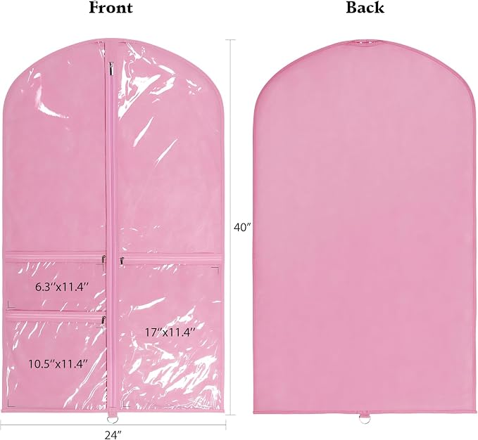 Univivi Dance Costume Bags Garment Bag 40 Inch Hanging Clothes for Dance Competitions, with 3 Medium Clear Zipper Pockets for Dance Costumes, Closet Storage (Pink) - 12 Pack - Image 2