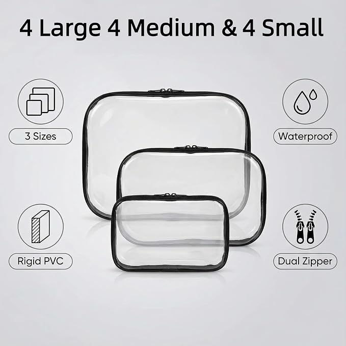 12 Pack Clear Hard Shell Zipper Case (4 Large 4 Small & 4 Medium), Hard Plastic Organizer Pouches for Travel (4L+4M+4S(Black)) - Image 3