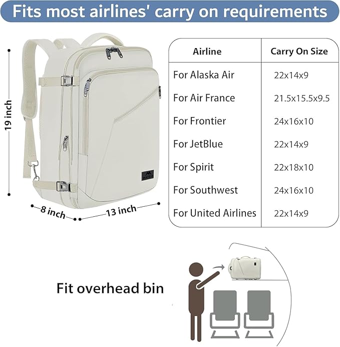 MATEIN Large Travel Backpack Women, Lightweight Carry on Backpack & Hidden Shoulder Straps, Waterproof Anti-Theft Daypack for Flight, Expandable Hiking Weekend Daypack, Travelling Gifts, Beige | Expandable Weekender Daypack, Large Capacity, Adjustable ... - Image 2