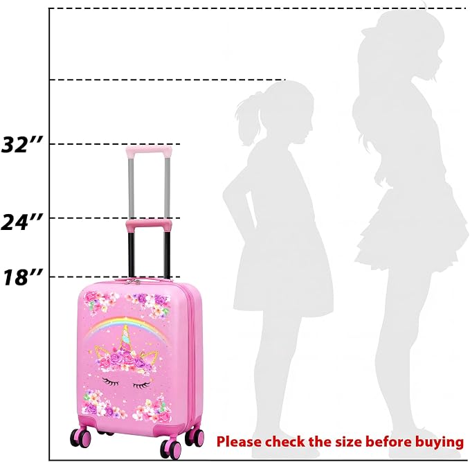 Sanwuta 4 Pcs Kids Luggage Set Back to School Gifts for Girls Boys Carry On Rolling Suitcase Backpack Neck Pillow Travel Set(18 Inch,Unicorn Rainbow Style,Pink) - Image 5