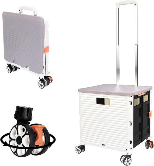 FELICON SELORSS Foldable Utility Cart Folding Portable Rolling Crate-White | Durable,Heavy Duty,Plastic Box,Telescoping Handle,4 Rotate Wheels,Collapsible Handcart for Travel Shop Move Luggage Office by FELICON
