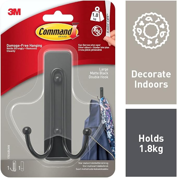 Command Decorative Hook, Matte Black Double Hook, Indoor use - 2 Metal Medium Hooks and 3 Adhesive Strips - Hang Jackets, Purses, Handbags, Backpacks, Hats, Scarves, Dog Leads - Organise Damage Free - Image 3