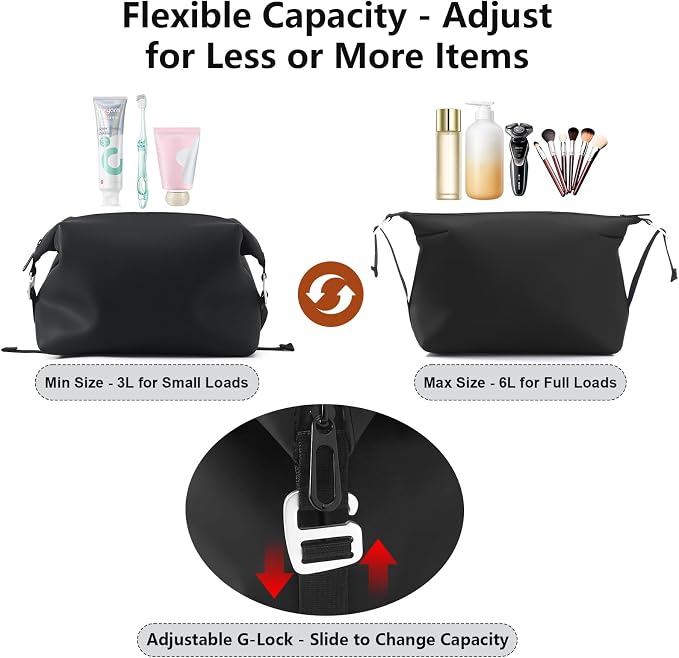 Vomgomfom 6L 13 Inch Silicone Toiletry Bag, Waterproof Leakproof Travel Cosmetic Organizer, Adjustable G-Buckle Compression Dopp Kit, Foldable Makeup Bag for Women & Men (Black, 13" 6L) - Image 3