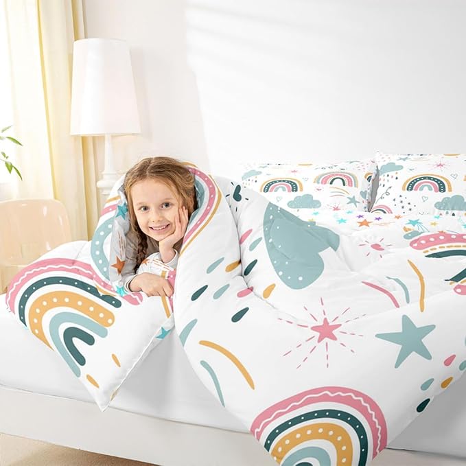 Erosebridal Rainbow King Bedding Sets for Girls, Sun and Stars Comforter Set Cartoon Style Cloud Quilt for Kids Boys Children Women Bedroom Decor, Hand Drawn Iridescent Duvet Insert - Image 6