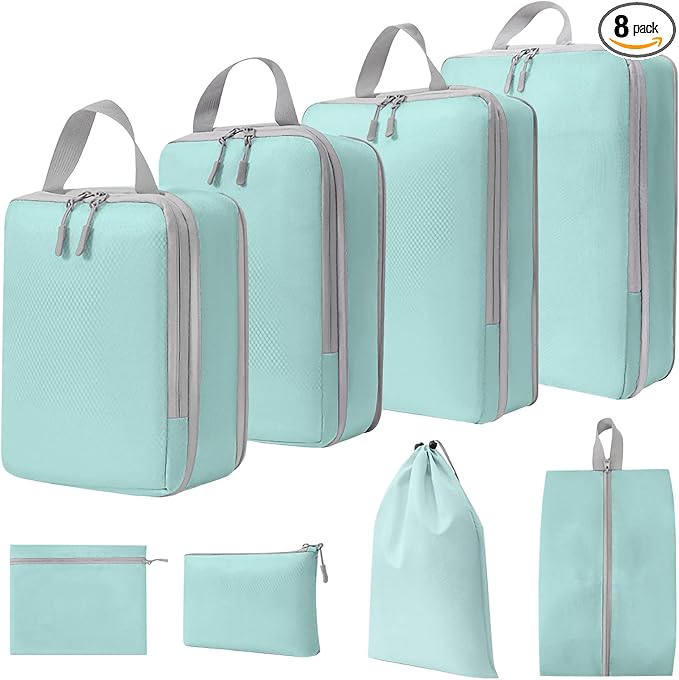 WOOMADA Compression Packing Cubes for Suitcases Travel Essentials 8 Set Expandable Travel Bags Organizer for Luggage(turquoise) by WOOMADA
