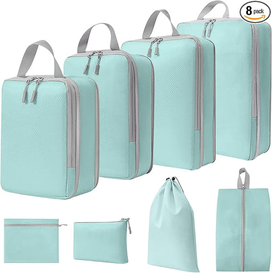 WOOMADA Compression Packing Cubes for Suitcases Travel Essentials 8 Set Expandable Travel Bags Organizer for Luggage(turquoise) by WOOMADA