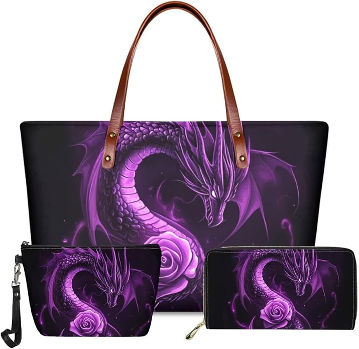 GIFTPUZZ Women Top Handle Bags Handbags with Zipper Leather Wallet Cash Card Phone Holder and Makeup Bag Set 3pcs by GIFTPUZZ