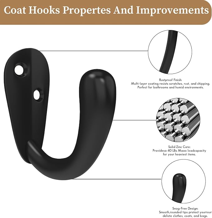 CBWLWJ 32 Pack Coat Hooks Wall Mounted Single Prong Robe Wall Hooks for Hanging Towel Hooks for Living Room, Bathroom, Kitchen, Bedroom for Coat, Bag, Scarf, Towel, Hat, Key, Cup (Black) - Image 3