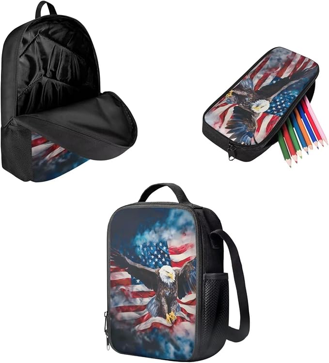 Mumeson Eagle Flag Kids Backpack for Boys Girls Preschool Backpack Schoolbag Lightweight School Backpack with Thermal Lunch Bag Box Portable Pencase Pencil Bag 3 Pieces - Image 2