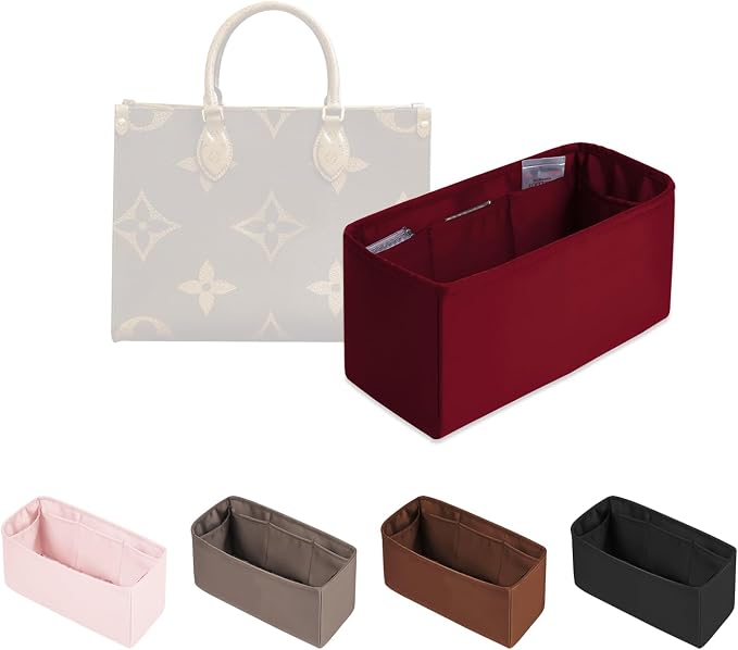Organizer Insert for Onthego MM, Satin Purse Organizer for Luxury Bag, Lightweight and Soft Purse Dividers for Woman Handbags, Multiple Pockets with Organized Capacity (Ruby, MM) by KINGSINBAG