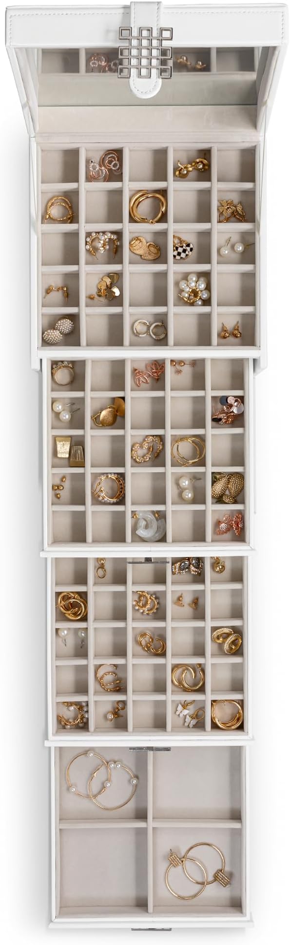 Glenor Co Earring Organizer Holder - 75 Small & 4 Large Slots Classic Jewelry Box with Drawer & Modern Closure, Mirror, 4 Trays Earrings, Ring or Chain Storage - PU Leather Case - White - Image 3