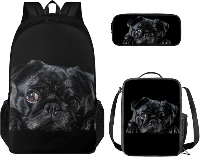 Coloranimal Black Pug Backpack Set School Bag with Mini Lunch Bag Pencil Case for Teen Boys Girls School Backpack with Adjust Shoulder Straps Travel Hiking Bag by Coloranimal