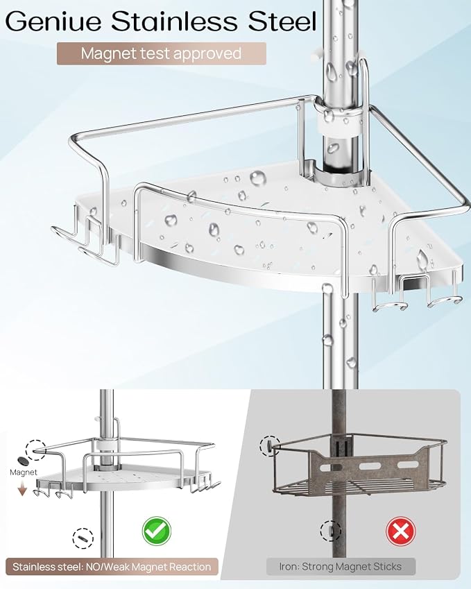 ALLZONE Corner Shower Caddy Tension Pole, 4 Hang-On Basket with Mixed-Height Shelves for Various Bottle Sizes, Extra Hooks & Soap Holder, Rustproof Stainless Steel, Fits 34–116 Inch, Silver/White - Image 6