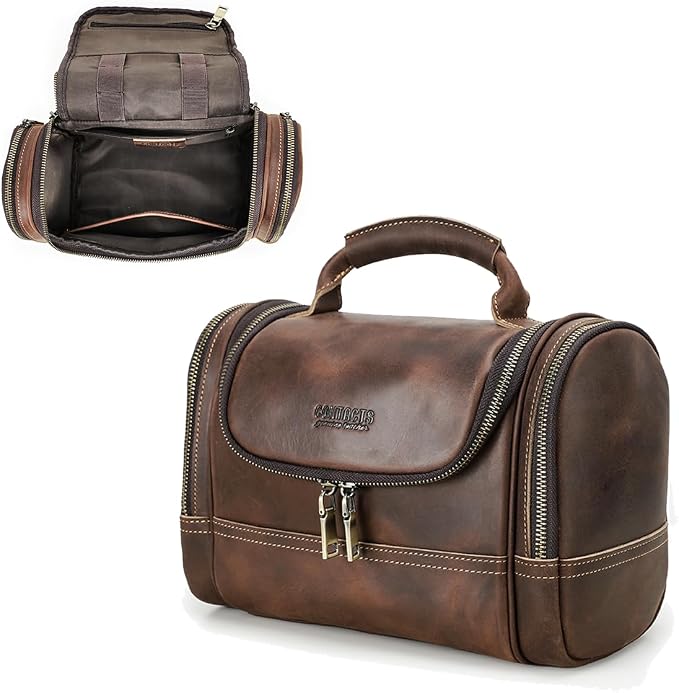 CONTACTS Crazy Horse Leather Toiletry Bag for Men Travel Bathroom Shaving Dopp Kit Toiletries Organizer Vintage Brown Cosmetic Bag Handbag by CONTACTS