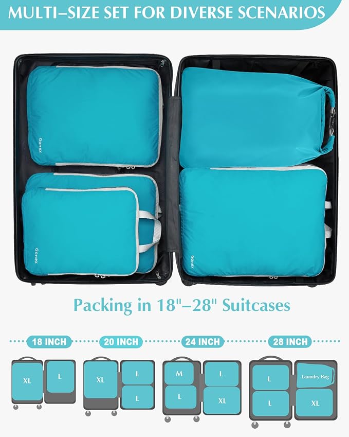 Gonex Compression Packing Cubes, 5pcs Expandable Storage Travel Luggage Bags Organizers with Laundry Bag (Blue) - Image 6