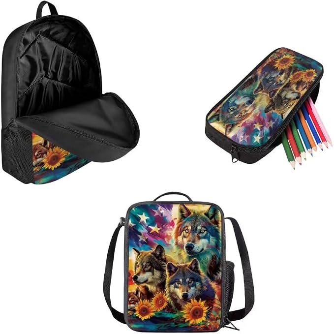 Mumeson Wolf American Flag Backpacks Set 3 Pack Big Capacity Bookbag Schoolbags Rucksack with Lightweight Insulated Lunch Bag Mini Pencil Case,Lightweight Backpack Set for Kids Student - Image 2