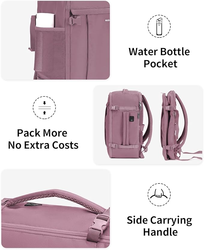 ECOHUB Travel Backpack for Women, Carry on Backpack with USB Charging Hole, Spirit Airlines Personal Item Bag Flight Approved, 15.6 Inch Laptop Backpack with Anti Theft Pockets, 30L, Pink - Image 6