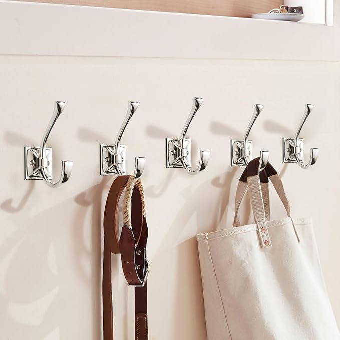 Large Wall Hooks 10 Pack Polished Nickel Coat, Towel, Double Robe Hooks - 4.35 Inch, Wall Mounted with Screws for Hangers, Bags, Cups, Hats - Image 3