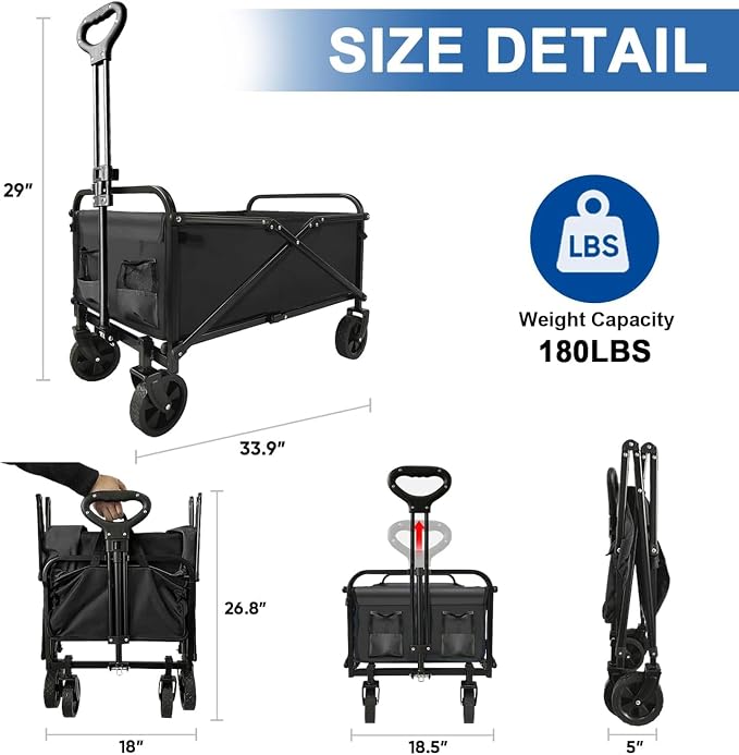 Collapsible Wagon with Quiet Wheels - Silent Grocery Shopping Cart for Seniors, Foldable Utility Cart for Laundry & Apartment, Washable Heavy Duty Rolling Wagon with Two Mesh Pockets, Black - Image 2