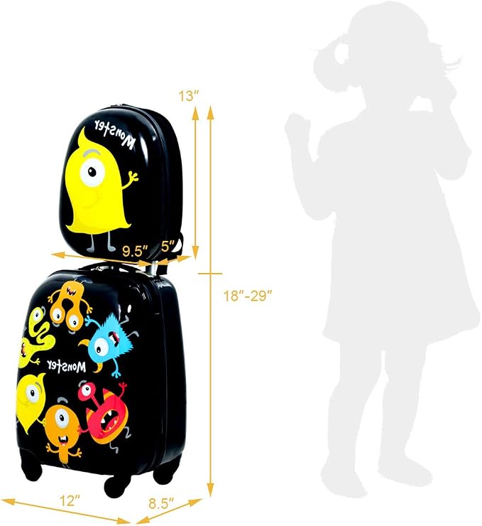 HONEY JOY Kids Luggage, 12" Toddler Backpack & 16" Travel Suitcase with Wheels, Lightweight Toddler Girls Suitcase, Durable ABS Hardshell, 2Pcs Carry On Luggage Set for Boys Girls, Black Monster - Image 8