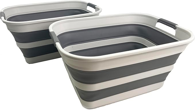 SMMART Collapsible Plastic Laundry Basket with Handle/Foldable Pop Up Storage Hamper/Portable Laundry Organizer-Space Saving Washing Tub/Household Storage Supplies (Grey/Steel Grey, 27L (Set of 2)) by SAMMART