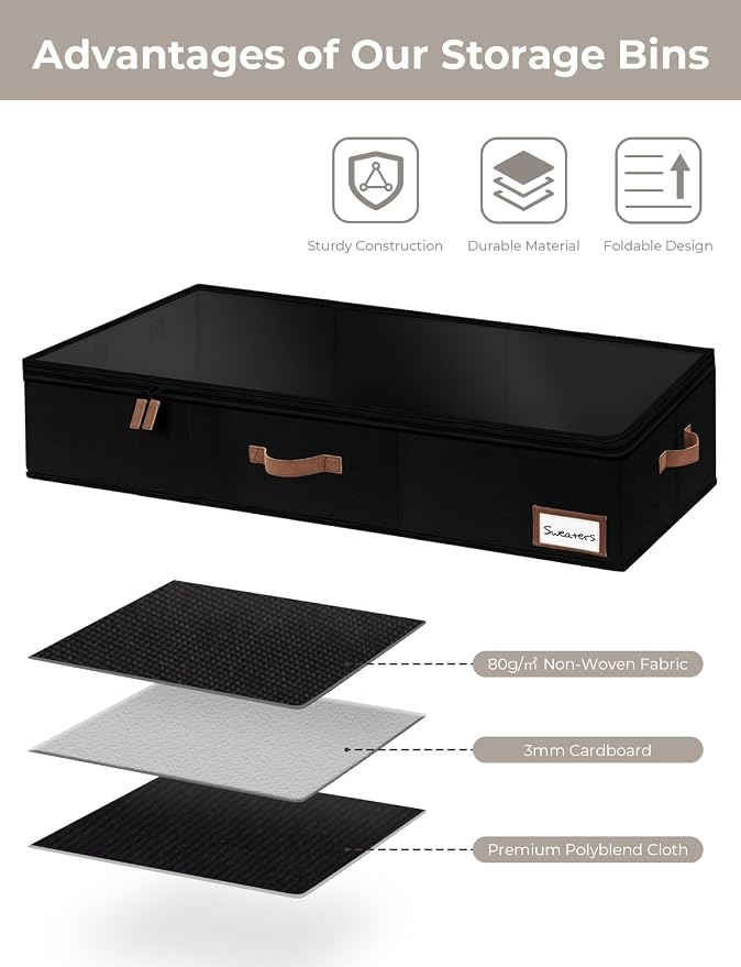 StorageWorks Extra Large Under Bed Storage Containers with Handles and Label Holder, 2 Pack Ultra-thick Fabric Underbed Bins, Closet Organizer for Clothes, Blankets, Sweater - Image 6