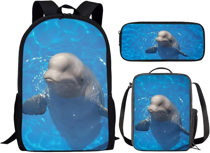 Girls Boys School Backpack with Lunch Box Pencil Case Comfy Padded Lightweight Beluga Whales Backpack Set Kids Cute Bookbag Insulated Lunch Bag Student Large Capacity Daypack 17 Inch - Image 2