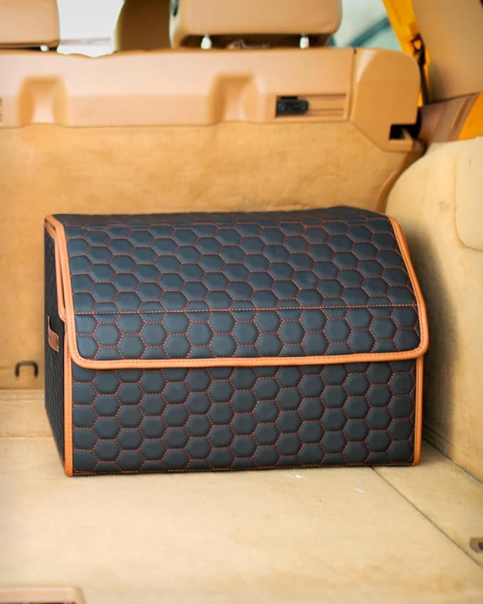 Owleys Sedan Trunk Organizer 17.7" Storage Tote For Groceries, Tools & Travel Gear - Foldable Eco-Leather Car Crate With Magnetic Lid | Stylish Presents For Drivers | Black-Brown (Hexy 17) by OwleysCarAccessories