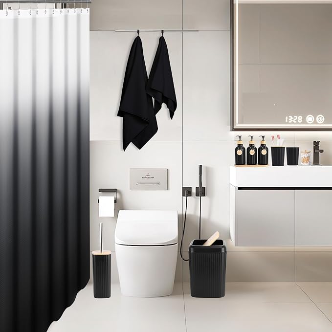32PCS Bathroom Set Bathroom Accessories with Shower Curtain and Bath Towel,Trash Can,Bathroom Decor,Black Shower Curtain Set,Toilet Brush,Trash Can & 3PCS Soap Dispenser - Image 6
