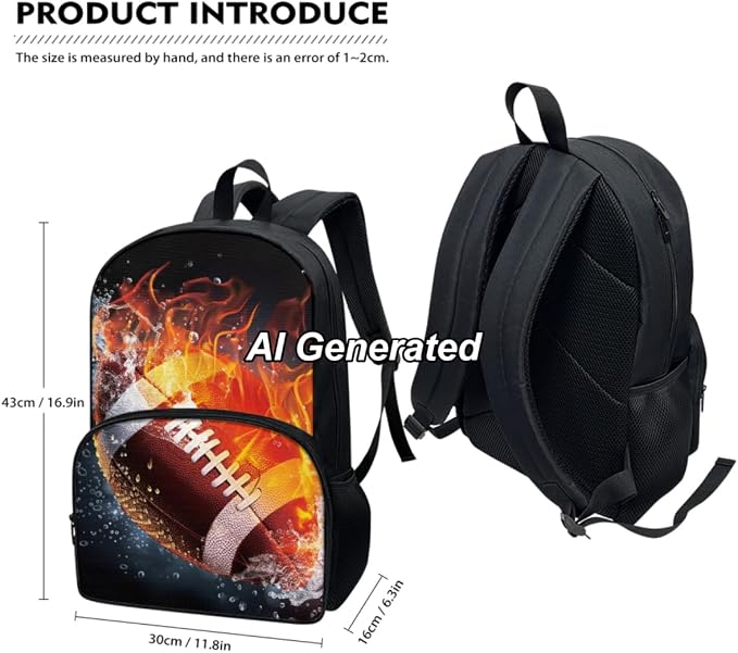Football Bookbag for Boys Teenage Boys Girls Schoolbag Backpack Set with Lunch Box and Pencil Pouch 17 Inch Laptop Bag Casual Daypack, 3Pcs - Image 3