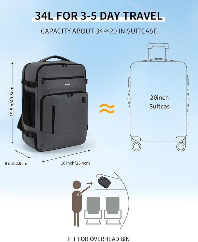 ECOHUB 19" Large Travel Backpack, Carry on Luggage Airline Approved, Water Resistant Rucksacks Fit 15.6" Laptop, AirTag Pocket, Lightweight Casual Daypack, 34L, Dark Grey - Image 2