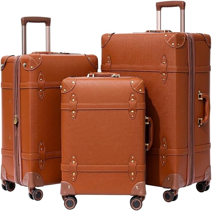 NZBZ Vintage Luggage Sets for Women Retro Suitcase Cute Vintage Expandable Luggage of 3 (Vintage Brown, 20inch & 24inch & 28inch) by NZBZ
