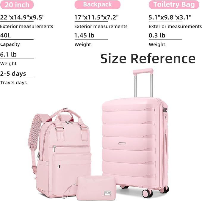 Carry On Luggage 22x14x9 Airline Approved, 22 Inch PP Hardshell Luggage Carry-on Suitcase with Spinner Wheels, Carry On Suitcase Set for Women (Pink) - Image 6