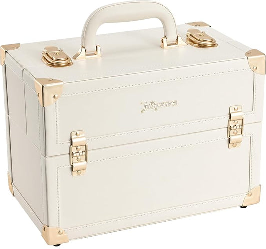 Joligrace Makeup Train Case Large Portable Cosmetic Makeup Storage Box Organizer Lockable with 4 Tray Compartments Retro Champagne Beige Vegan Leather by Joligrace