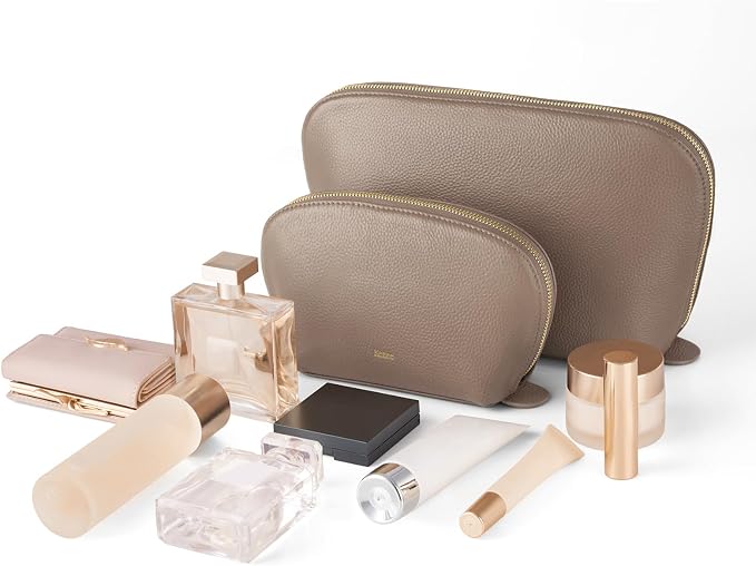 Kattee Leather Makeup Bag, Travel Cosmetic Bag Set, Toiletry Bag Organizer for Women, 2-PACK, Khaki - Image 2