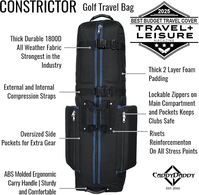 CaddyDaddy Constrictor Soft-Sided Golf Travel Bag Cover with Thick Dense Foam Padded Top 1 Year Full Travel Bag Replacement Coverage | Wheels & Lockable Zippers Case for Transporting Clubs on Airlines - Image 3