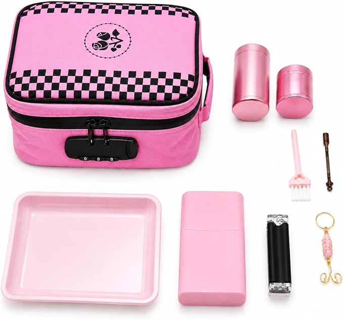 ANZOME Smell Proof Bag with Lock, Activated Charcoal Case, Pink | Lockable waterproof zipper pouch, controls odor, includes seven accessories, discreet stash organizer for home & travel, big by ANZOME