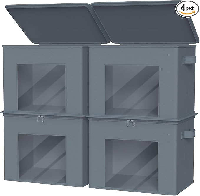 Zilink Fabric Foldable Storage Boxes with Lid 4-Pack Stackable Storage Bins with Zipper & Clear Window Fabric Closet Containers and Organizers for Home, Office, Bedroom (Grey,17" x 12" x 12") by Zilink