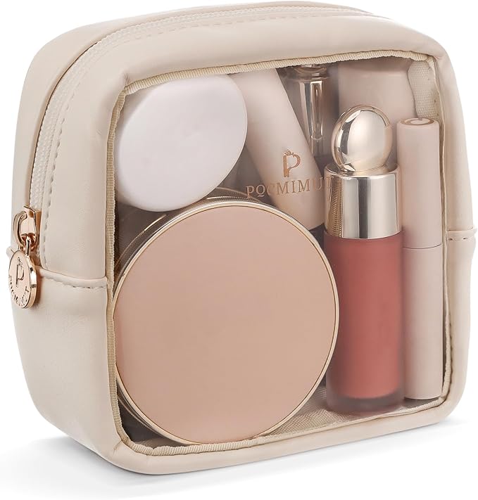 Pocmimut Clear Makeup Bag,Easy to Find Mini Makeup Bag for Purse,Travel Makeup Bag for Car, Compact Cosmetic Pouch for Daily Essentials,Beige by Pocmimut