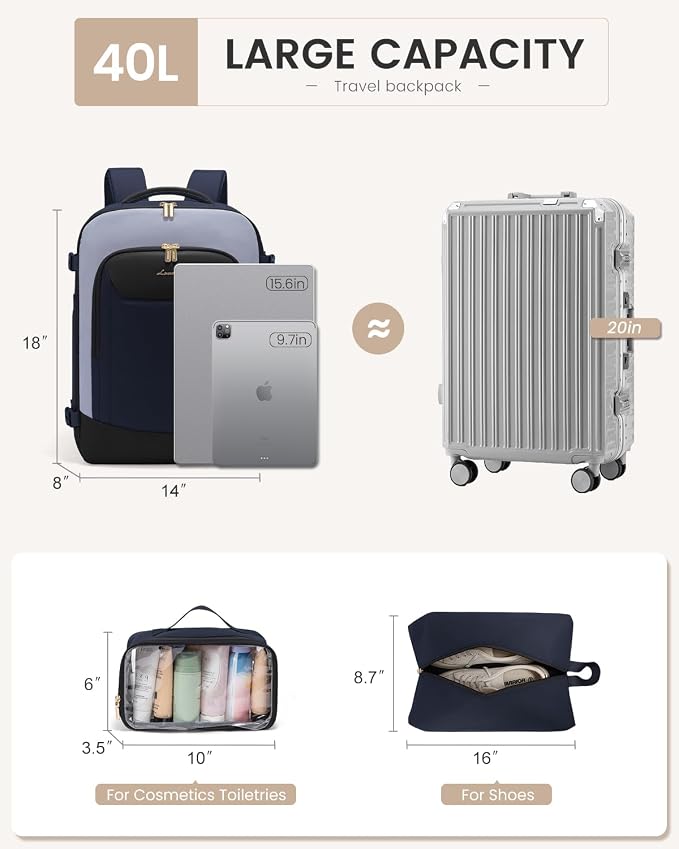 LOVEVOOK 40L Travel Backpack for Women Men, Large Carry on Backpack for Airplanes TSA Personal Item Travel Bag fits 15.6" Laptop, Waterproof Weekender Essentials Airline Approved with 2 Packing Cubes - Image 4