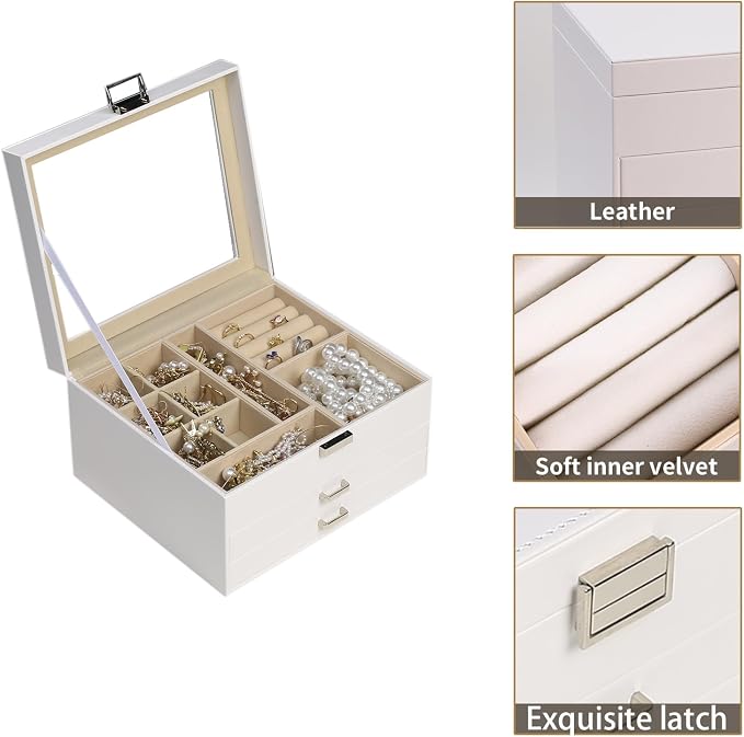 BOOVO Clear Lid Jewelry Box,3 Layers Jewelry Organizer Large Jewelry Storage Box with 2 Drawers,Jewelry Holder Organzier of Rings Earrings Necklace Bracelets for Women (White, 3 Layer) - Image 2
