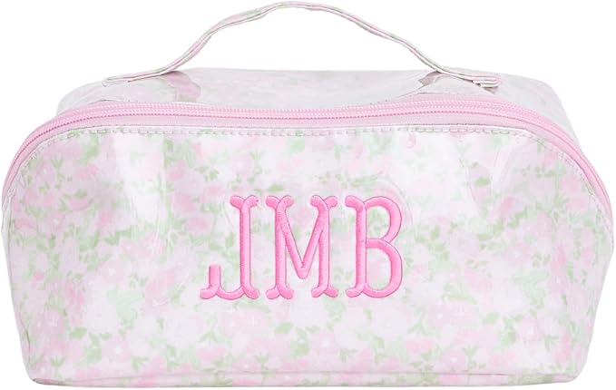 Personalized Flat Lay Makeup Bag - Clear-Coated Embroidered Cosmetic Organizer, Monogrammed Wide-Open Travel Pouch with Easy-Access Interior, Handmade Gift for Women (Peony) by Sprinkled+With+Pink