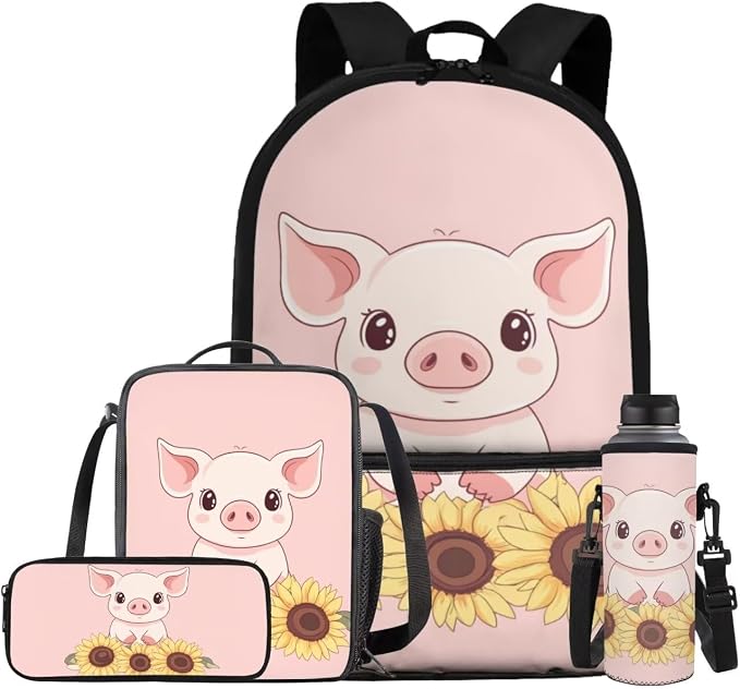 Cute Pig Preschool Backpack for Girls with Lunch Box Water Bottle Holder and Soft Pencil Case 4 In 1 Set Bookbag with Front Pocket for School Aesthetic New Semester Gifts Bag by Bivxisrvo